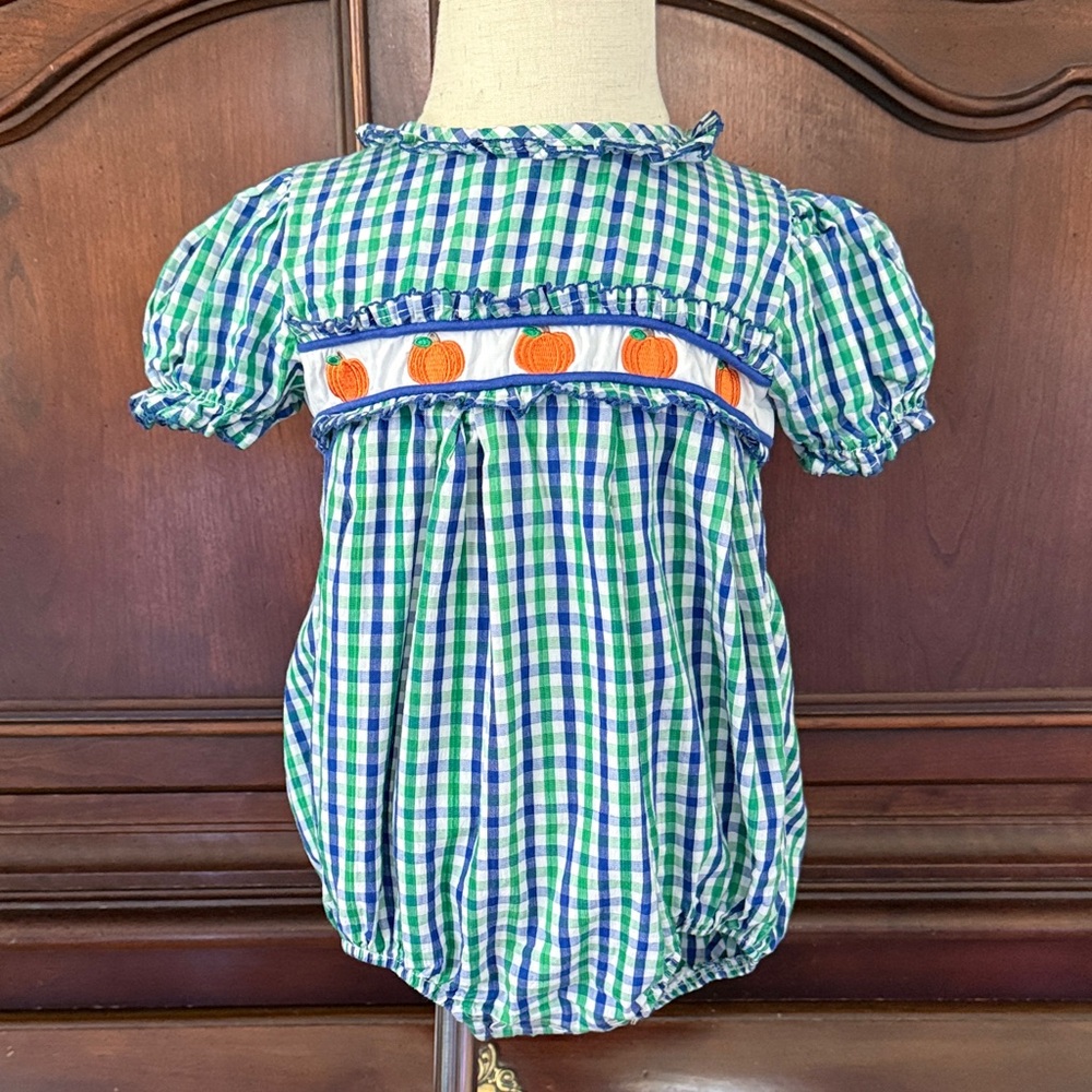 Classic Whimsy Pumpkin Bubble Romper 2T Blue Green Gingham Fall Halloween